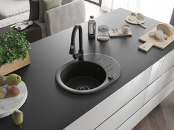 Mexen Kevin granit sink single-bowl with drainer and Elia kitchen faucet, black/gold metallic - 6517-75-670101-70-B