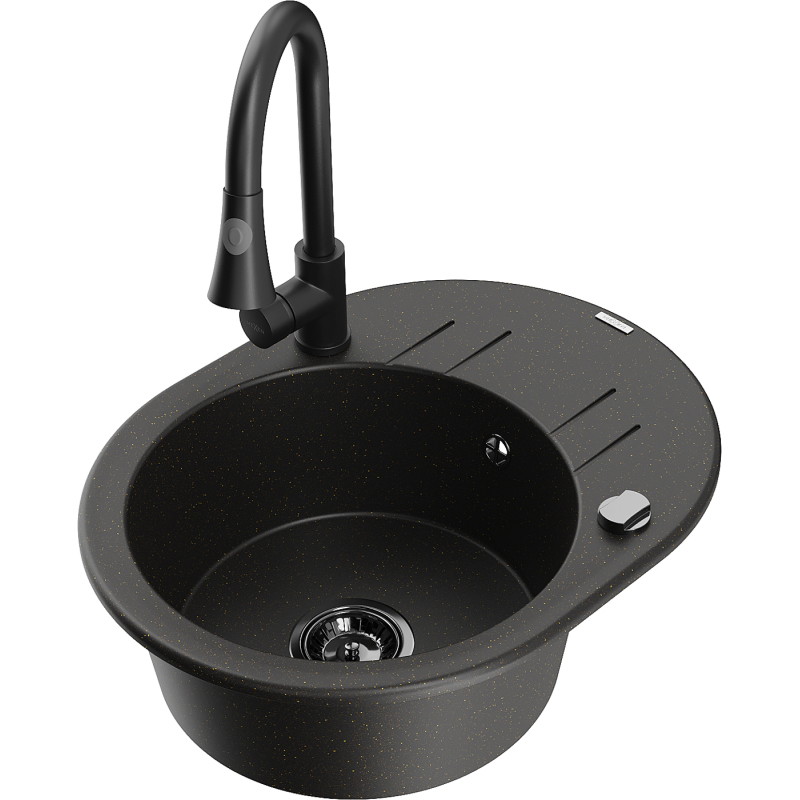 Mexen Kevin granit sink single-bowl with drainer and Elia kitchen faucet, black/gold metallic - 6517-75-670101-70-B