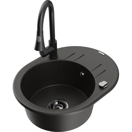 Mexen Kevin granit sink single-bowl with drainer and Elia kitchen faucet, black/gold metallic - 6517-75-670101-70-B