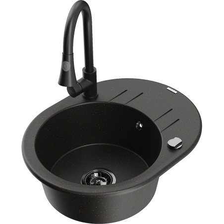 Mexen Kevin granite sink 1-bowl with drainer and kitchen faucet Elia, black/gold metallic - 6517-75-670101-70-B
