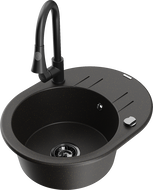 Mexen Kevin granit sink single-bowl with drainer and Elia kitchen faucet, black/gold metallic - 6517-75-670101-70-B