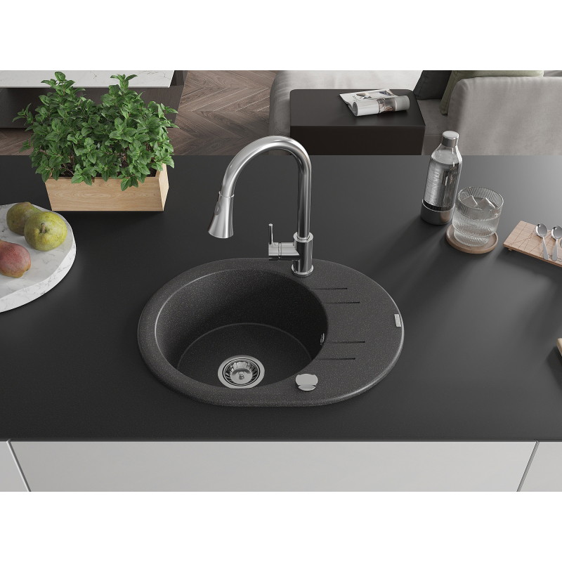 Mexen Kevin 1-bowl granite sink with drainer and Elia kitchen faucet, black speckled - 6517-76-670101-00