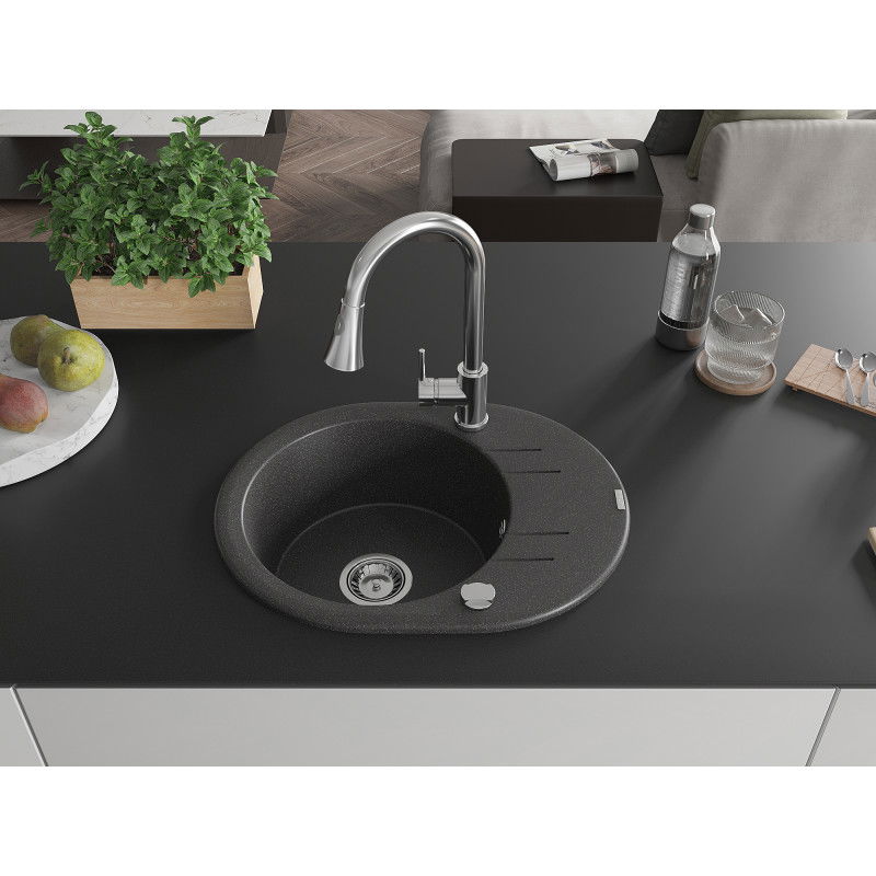 Mexen Kevin 1-bowl granite sink with drainer and Elia kitchen tap, speckled black - 6517-76-670101-00
