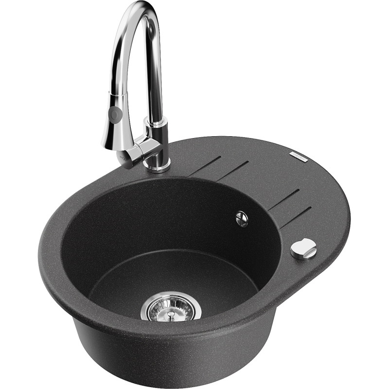 Mexen Kevin 1-bowl granite sink with drainer and Elia kitchen faucet, black speckled - 6517-76-670101-00