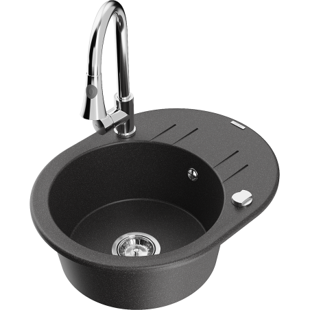 Mexen Kevin granite kitchen sink 1-bowl with drainer and Elia kitchen faucet, black speckled - 6517-76-670101-00