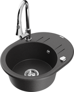 Mexen Kevin granite kitchen sink 1-bowl with drainer and Elia kitchen faucet, black speckled - 6517-76-670101-00