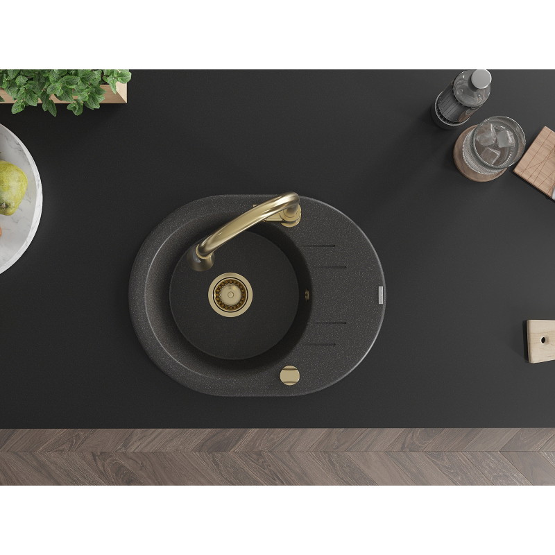 Mexen Kevin granite kitchen sink single bowl with drainer and kitchen faucet Elia, black speckled - 6517-76-670101-50