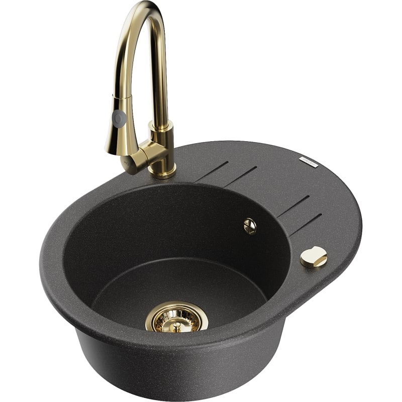 Mexen Kevin 1-bowl granite kitchen sink with drainer and Elia kitchen faucet, speckled black - 6517-76-670101-50