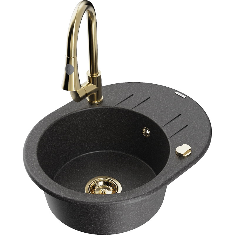 Mexen Kevin granite kitchen sink single bowl with drainer and kitchen faucet Elia, black speckled - 6517-76-670101-50