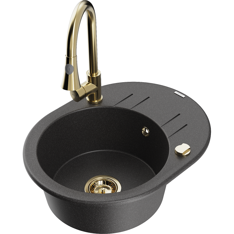 Mexen Kevin one-bowl granite kitchen sink with drainer and Elia kitchen tap, black speckled - 6517-76-670101-50