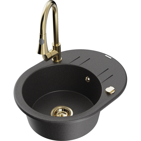 Mexen Kevin 1-bowl granite kitchen sink with drainer and Elia kitchen faucet, speckled black - 6517-76-670101-50