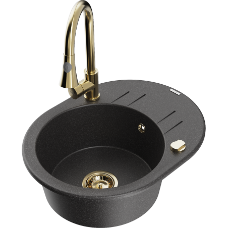 Mexen Kevin one-bowl granite kitchen sink with drainer and Elia kitchen tap, black speckled - 6517-76-670101-50