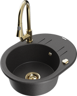 Mexen Kevin 1-bowl granite kitchen sink with drainer and Elia kitchen faucet, speckled black - 6517-76-670101-50