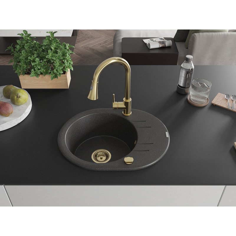 Mexen Kevin granite kitchen sink single bowl with drainer and kitchen faucet Elia, black speckled - 6517-76-670101-50