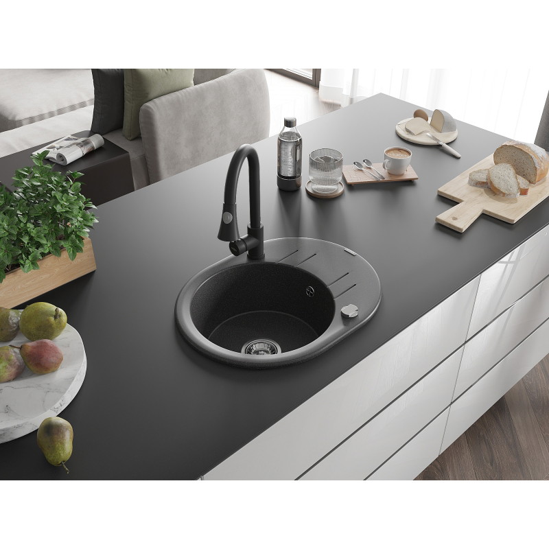 Mexen Kevin 1-bowl granite sink with drainer and Elia kitchen faucet, black speckled - 6517-76-670101-70