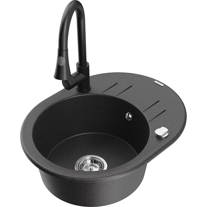 Mexen Kevin 1-bowl granite sink with drainer and Elia kitchen faucet, black speckled - 6517-76-670101-70