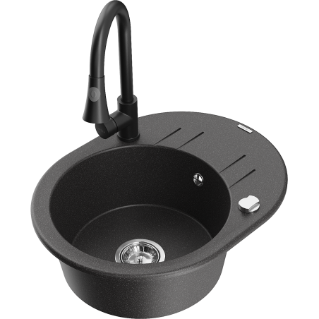 Mexen Kevin granite sink 1-bowl with drainer and kitchen faucet Elia, black speckled - 6517-76-670101-70