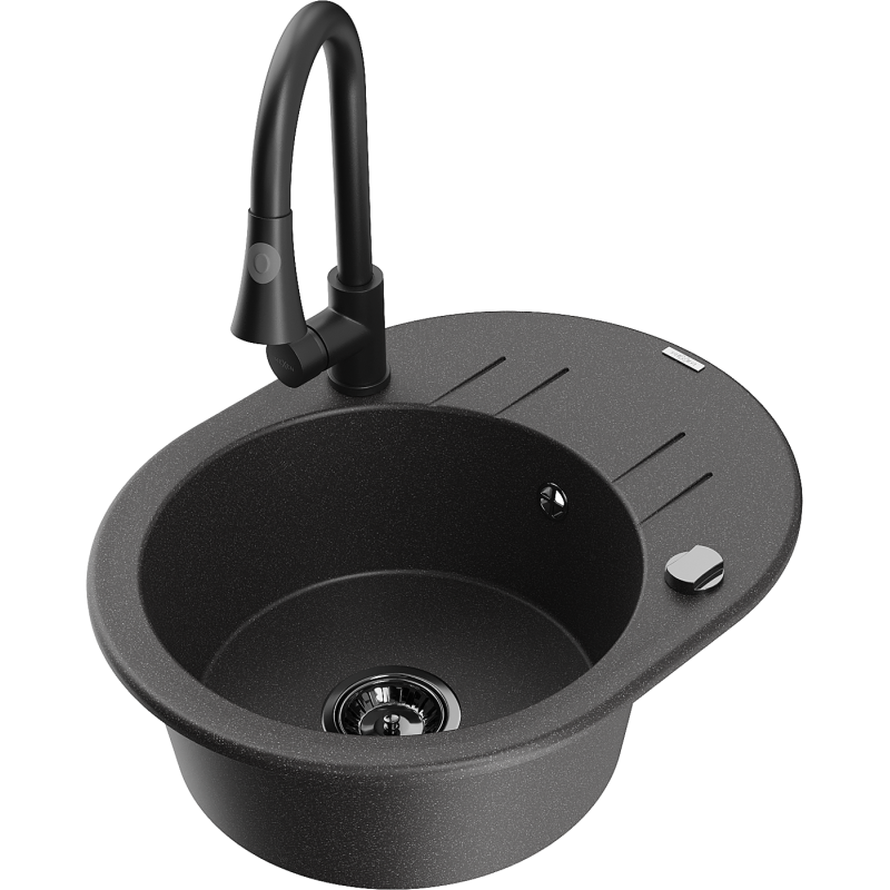 Mexen Kevin granite sink 1-bowl with drainer and Elia kitchen tap, black speckled - 6517-76-670101-70-B
