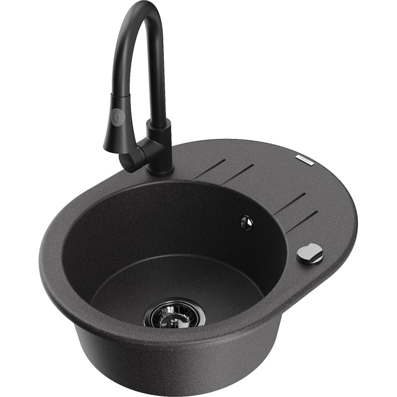Mexen Kevin single-bowl granite sink with drainer and kitchen faucet Elia, black speckled - 6517-76-670101-70-B