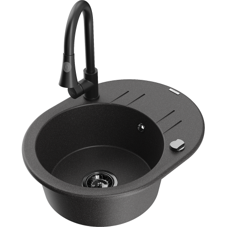 Mexen Kevin 1-bowl granite sink with drainer and Elia kitchen faucet, black speckled - 6517-76-670101-70-B