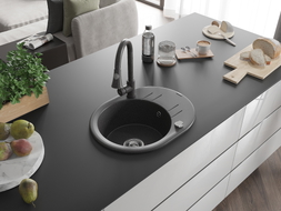 Mexen Kevin granite kitchen sink 1-bowl with drainer and kitchen faucet Elia, black speckled - 6517-76-670101-76