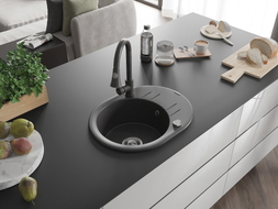 Mexen Kevin granite kitchen sink 1-bowl with drainer and kitchen faucet Elia, black spotted - 6517-76-670101-76
