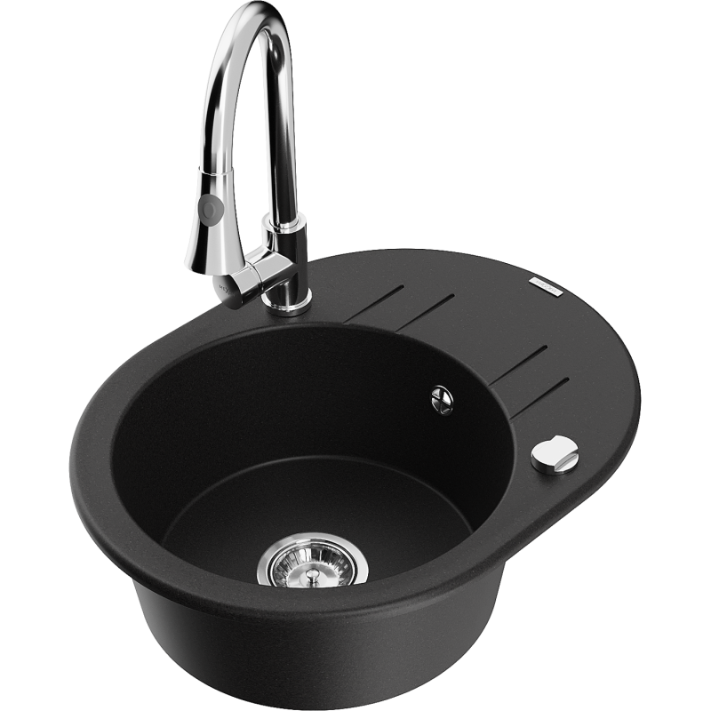 Mexen Kevin 1-bowl granite sink with drainer and Elia kitchen tap, black - 6517-77-670101-00