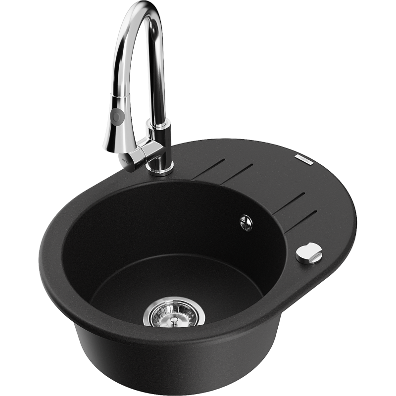 Mexen Kevin 1-compartment granite sink with a drip tray and kitchen mixer tap Elia, Black - 6517-77-670101-00