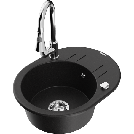 Mexen Kevin 1-compartment granite sink with a drip tray and kitchen mixer tap Elia, Black - 6517-77-670101-00