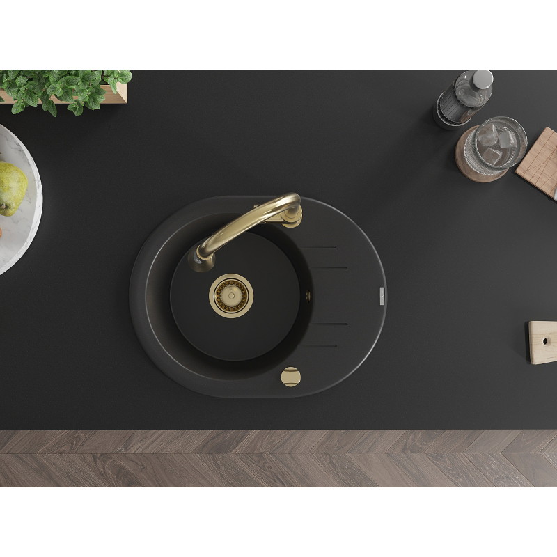 Mexen Kevin granit sink 1-bowl with drainer and kitchen faucet Elia, black - 6517-77-670101-50