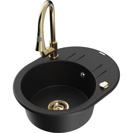 Mexen Kevin 1-bowl granite sink with drainer and Elia kitchen faucet, black - 6517-77-670101-50