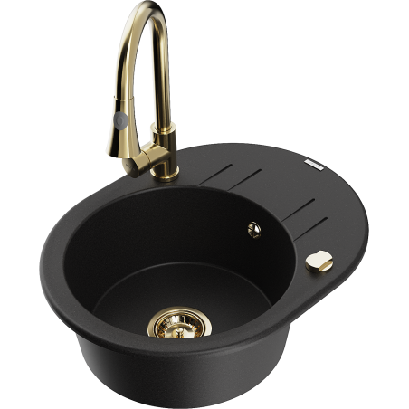 Mexen Kevin 1-compartment granite sink with a drip tray and kitchen mixer tap Elia, Black - 6517-77-670101-50