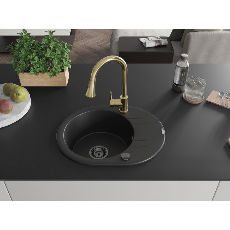 Mexen Kevin 1-bowl granite sink with drainer and kitchen faucet Elia, black - 6517-77-670101-50-B