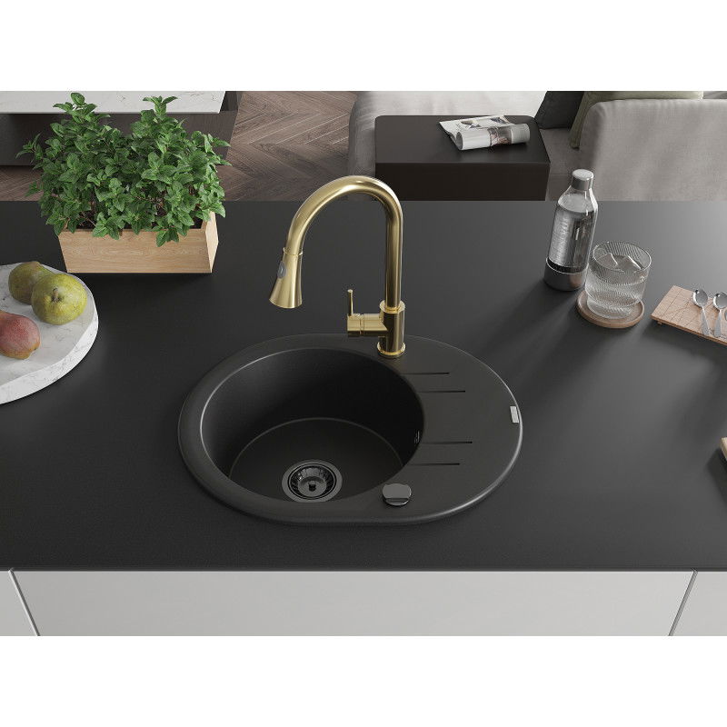 Mexen Kevin granite sink 1-bowl with drainer and kitchen tap Elia, black - 6517-77-670101-50-B