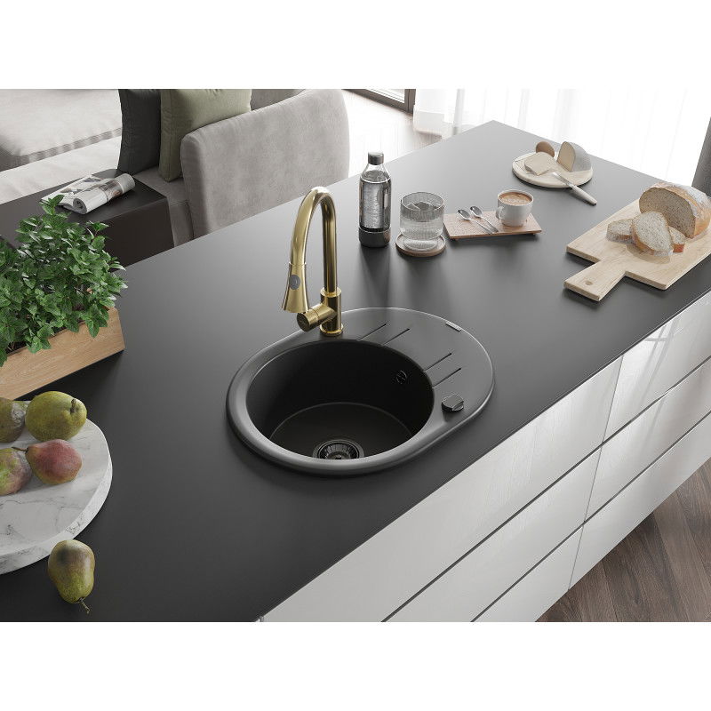 Mexen Kevin granite sink 1-bowl with drainer and kitchen tap Elia, black - 6517-77-670101-50-B