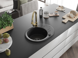 Mexen Kevin 1-compartment granite sink with a drip tray and kitchen mixer tap Elia, Black - 6517-77-670101-50-B