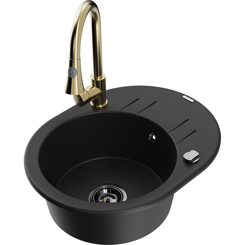 Mexen Kevin 1-bowl granite sink with drainer and kitchen faucet Elia, black - 6517-77-670101-50-B