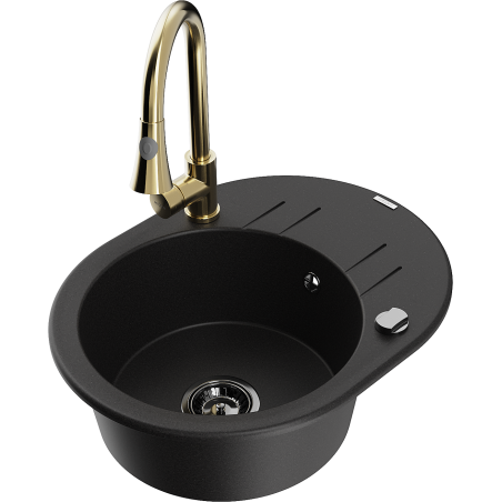 Mexen Kevin granite single-bowl sink with drainer and Elia kitchen faucet, black - 6517-77-670101-50-B