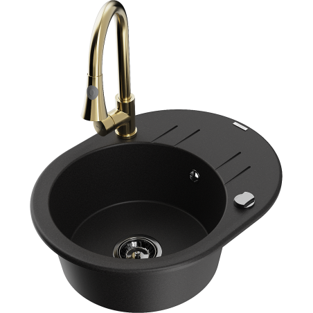 Mexen Kevin granite sink 1-bowl with drainer and kitchen tap Elia, black - 6517-77-670101-50-B