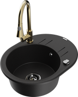 Mexen Kevin granite single-bowl sink with drainer and Elia kitchen faucet, black - 6517-77-670101-50-B