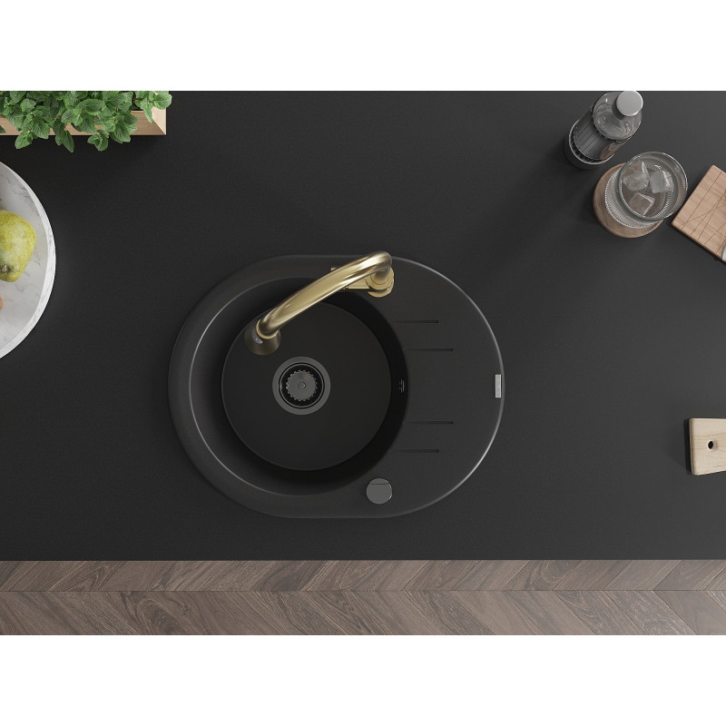 Mexen Kevin granite single-bowl sink with drainer and Elia kitchen faucet, black - 6517-77-670101-50-B