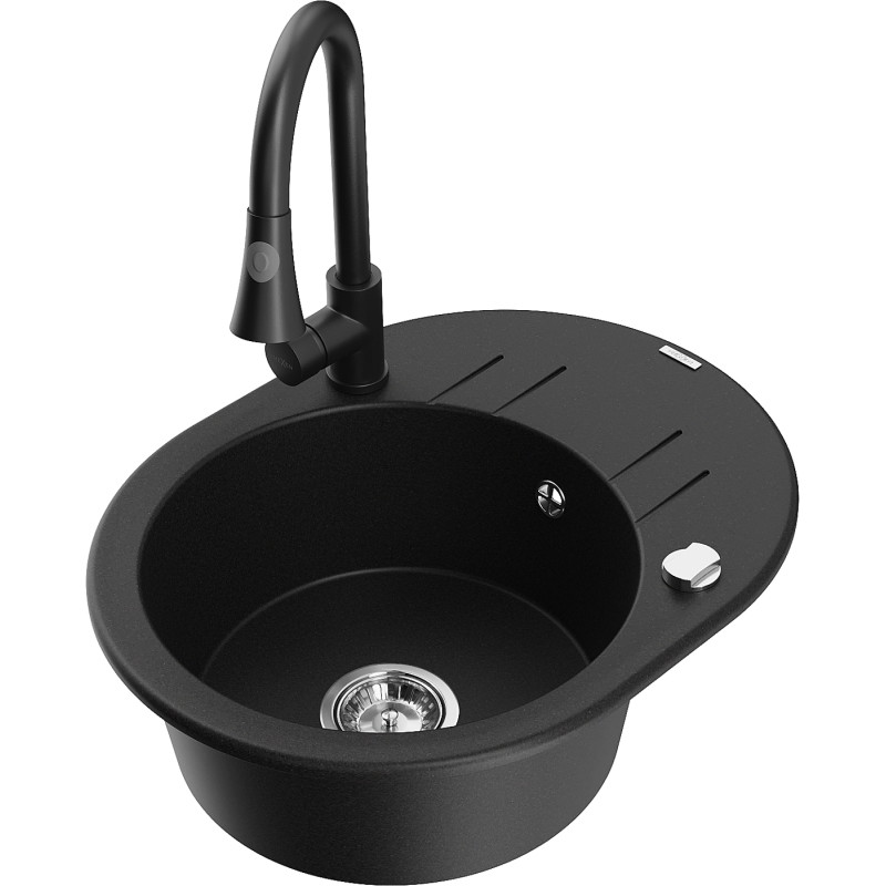 Mexen Kevin granite single-bowl kitchen sink with drainer and Elia faucet, black - 6517-77-670101-70