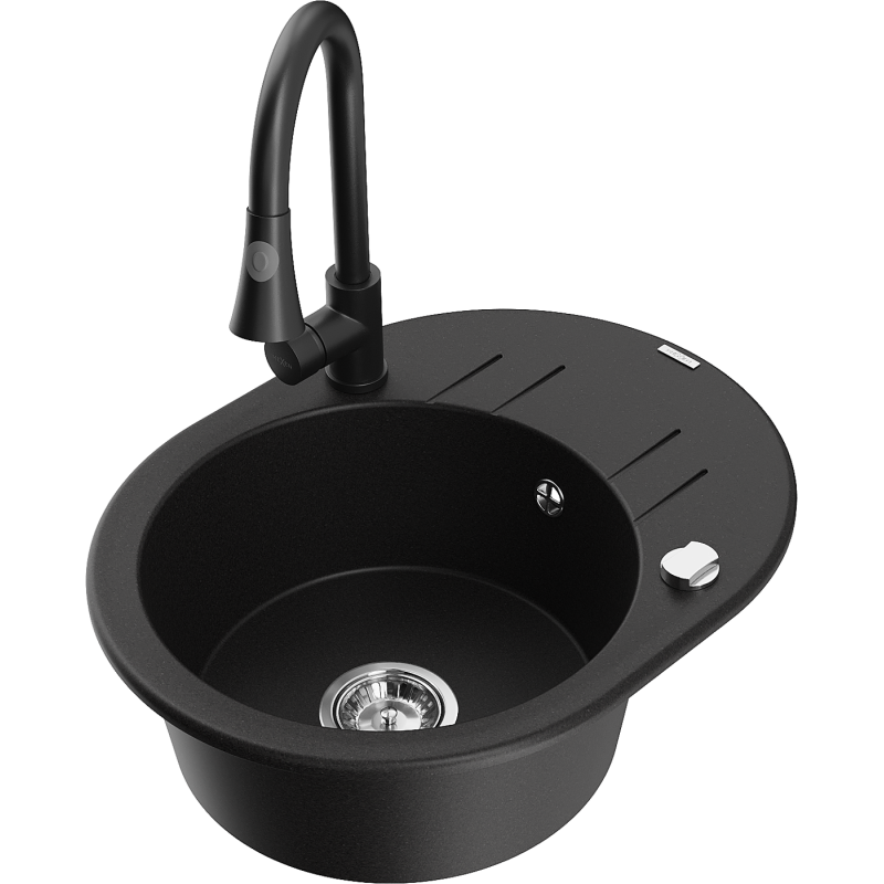 Mexen Kevin granite sink 1-bowl with drainer and Elia kitchen tap, black - 6517-77-670101-70