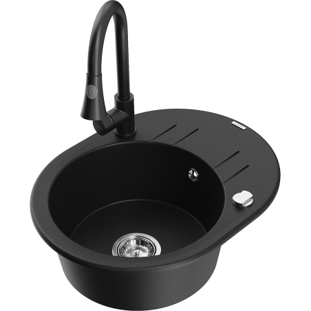 Mexen Kevin granite kitchen sink 1-bowl with drainer and Elia kitchen faucet, black - 6517-77-670101-70