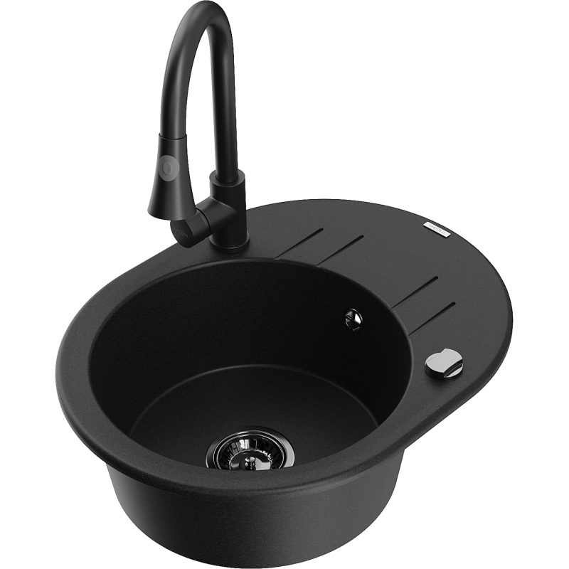 Mexen Kevin 1-compartment granite sink with a drip tray and kitchen mixer tap Elia, Black - 6517-77-670101-70-B