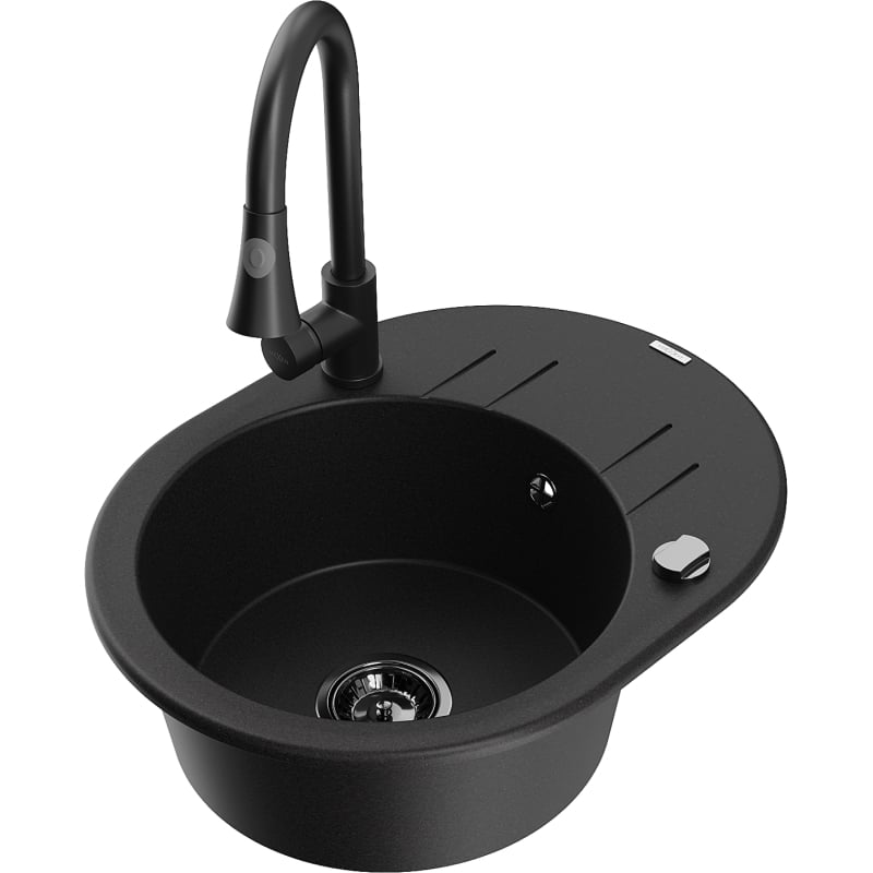 Mexen Kevin granite kitchen sink with a single basin and drainer, including Elia kitchen faucet, black - 6517-77-670101-70-B