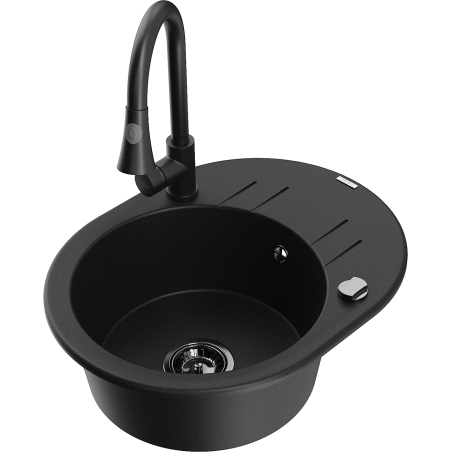 Mexen Kevin granite kitchen sink single-bowl with drainer and Elia kitchen faucet, black - 6517-77-670101-70-B