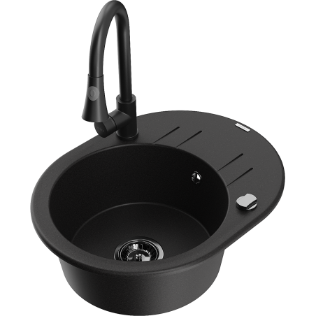 Mexen Kevin granite kitchen sink with a single basin and drainer, including Elia kitchen faucet, black - 6517-77-670101-70-B