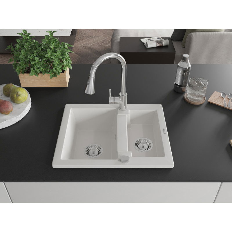 Mexen Carlos 1.5-bowl granite kitchen sink with Elia kitchen tap, white - 6518-20-670101-00