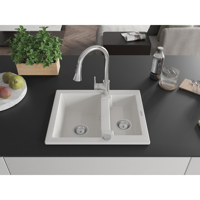 Mexen Carlos granite sink 1.5-bowl with Elia kitchen faucet, white - 6518-20-670101-00